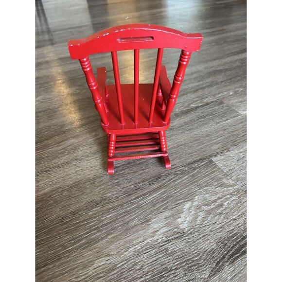 Vintage Wooden Miniature Doll Rocking Chair 9” Tall Spindle Bright Red - Picture 3 of 6